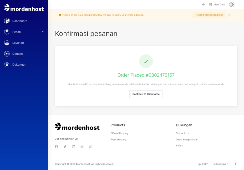 pemesanan wordpress hosting selesai