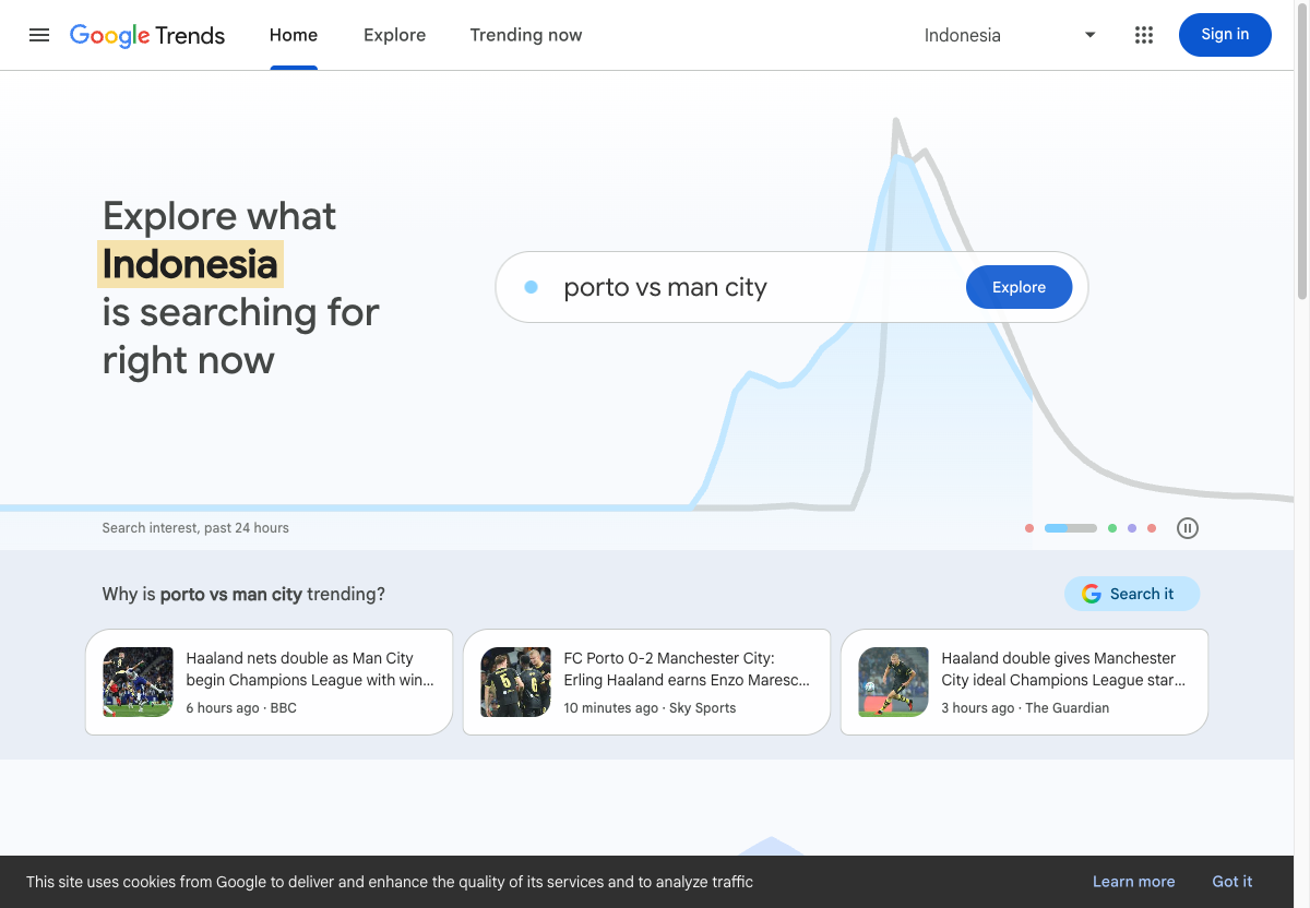 Beranda Google Trends dengan kotak pencarian dan tab Explorer untuk memulai riset kata kunci