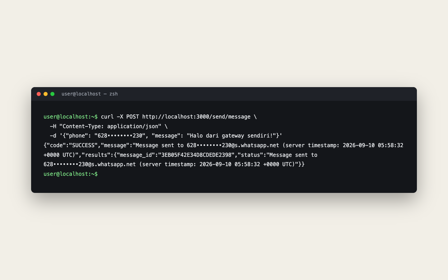 Jendela terminal menampilkan perintah curl POST ke endpoint send/message beserta respons JSON berisi code SUCCESS dan message id, dengan nomor tujuan disamarkan