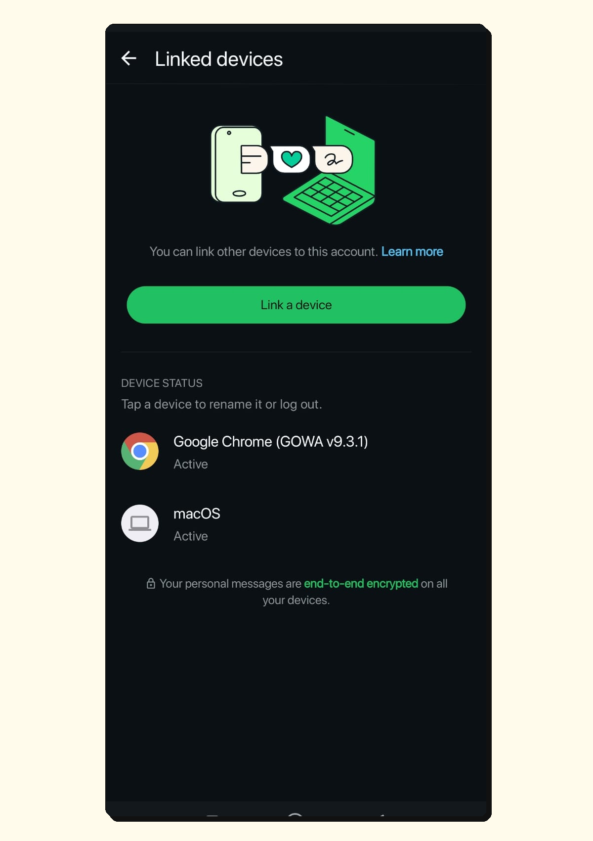 Layar Linked devices di WhatsApp pada HP, menampilkan perangkat Google Chrome (GOWA v9.3.1) berstatus Active sebagai bukti gateway self-host berhasil tertaut